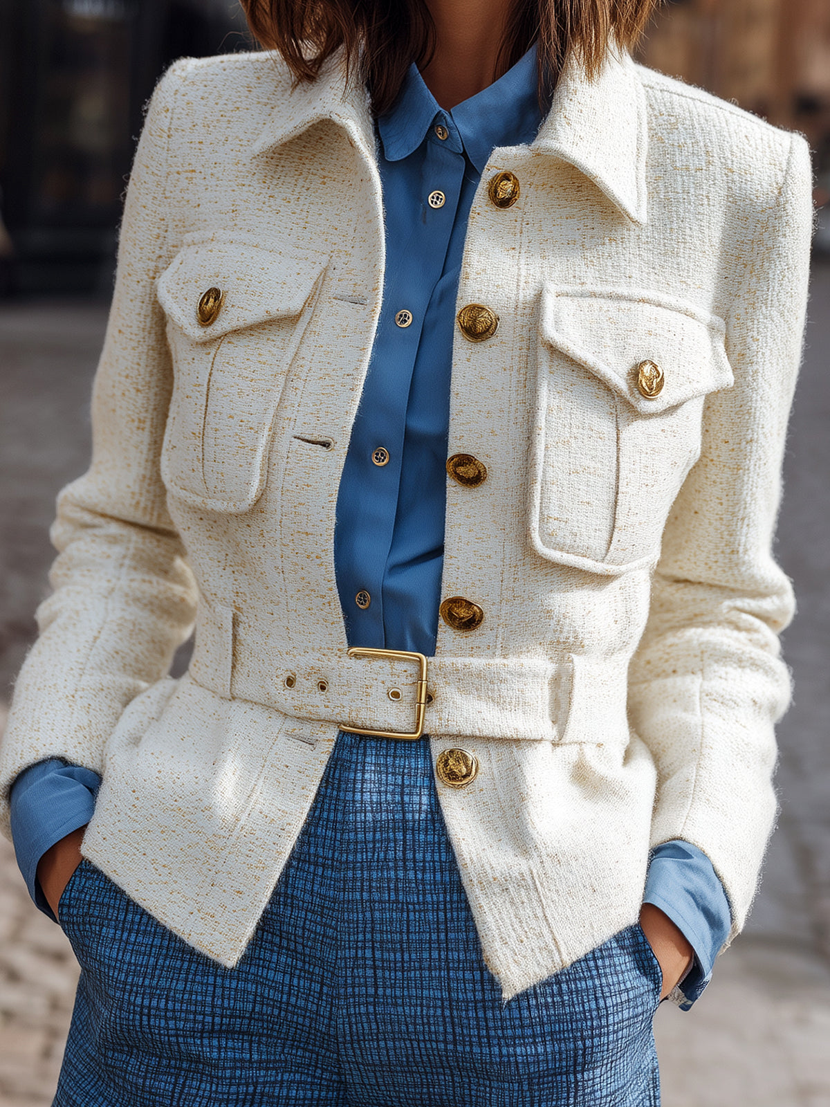 Taidalw Vintage Casual Wool Blend Lapel Collar Metal Button Single-Breasted Belted Jacket