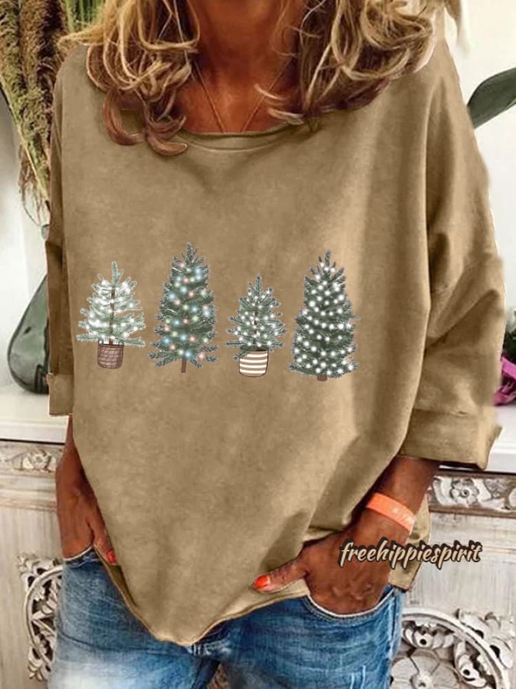 Women's Vintage Christmas Printed Long Sleeve V-Neck Top