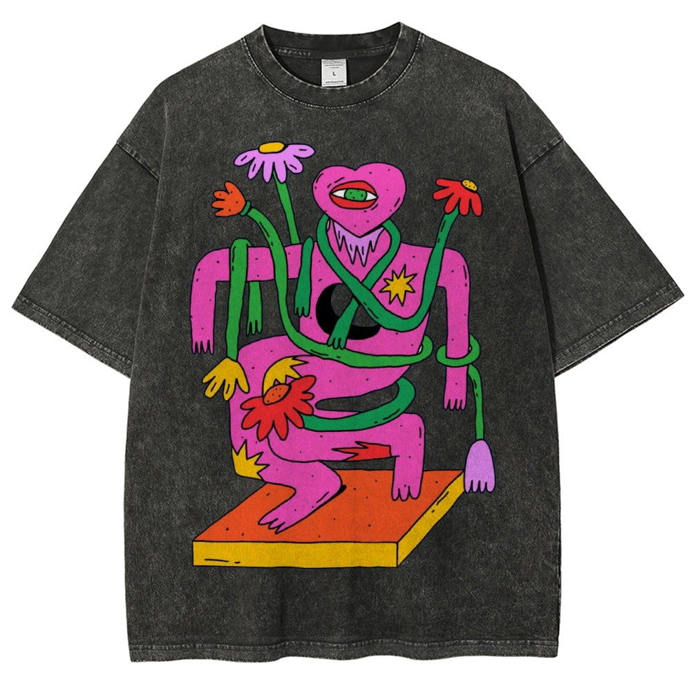 Unisex Abstract Art Flower Portrait Printed Washed Tee