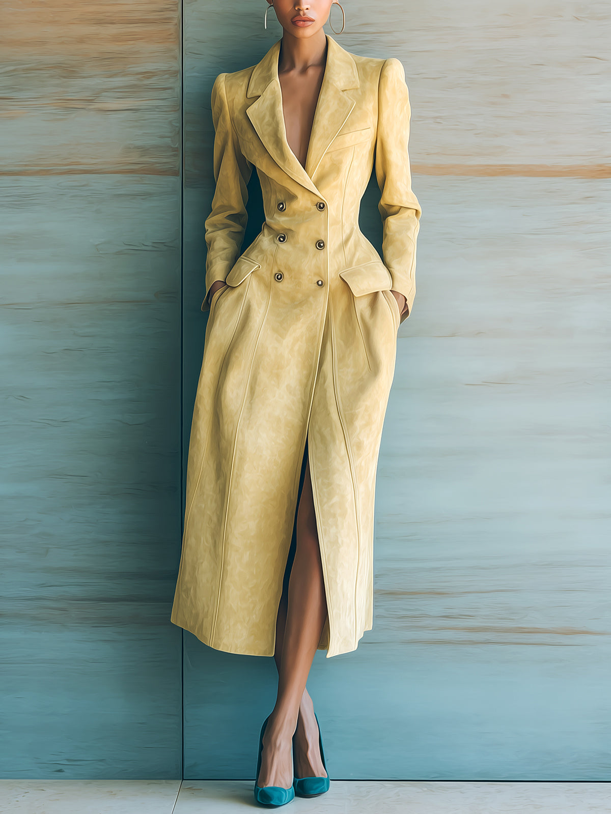 Taidalw Elegant Vintage Mustard Yellow Faux Suede Notched Collar Double-Breasted Slim-Fit Maxi Blazer Dress
