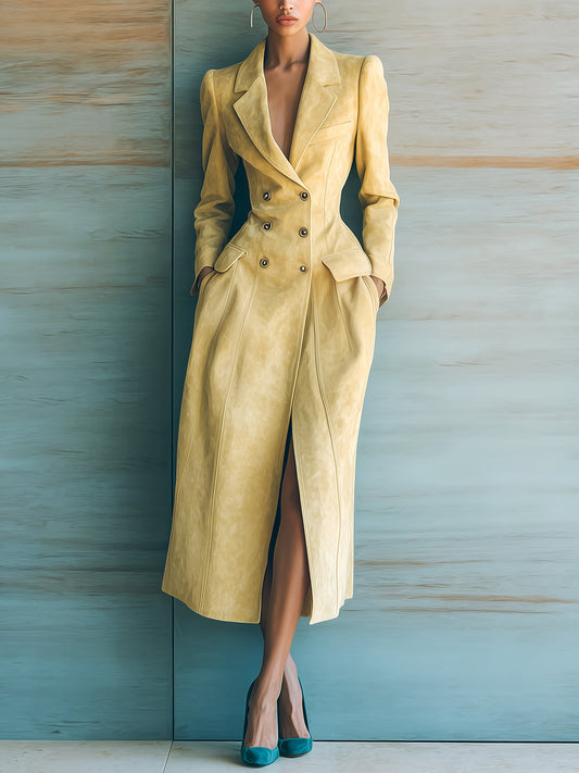 Taidalw Elegant Vintage Mustard Yellow Faux Suede Notched Collar Double-Breasted Slim-Fit Maxi Blazer Dress