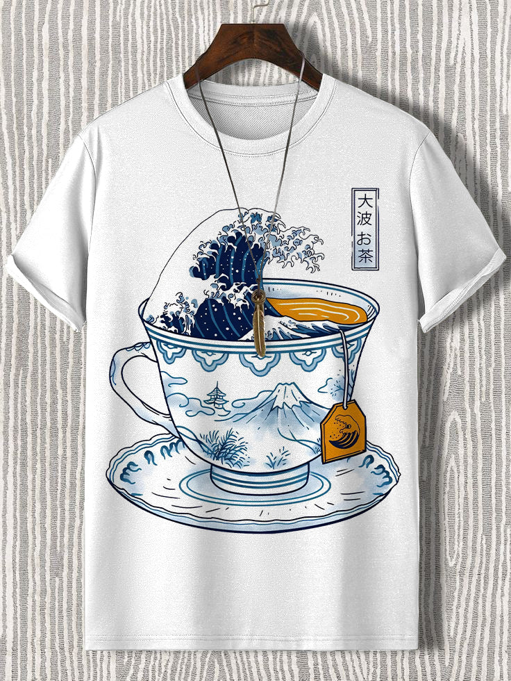 100% Cotton Wave Art In A Teacup Japanese Art Print  Casual T-Shirt