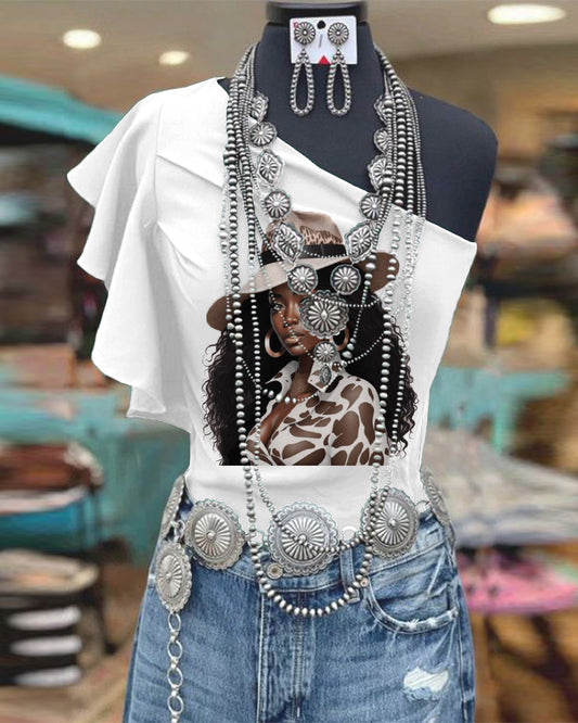 One Shoulder Ruffle Sleeve Brown Cowgirl Print Top