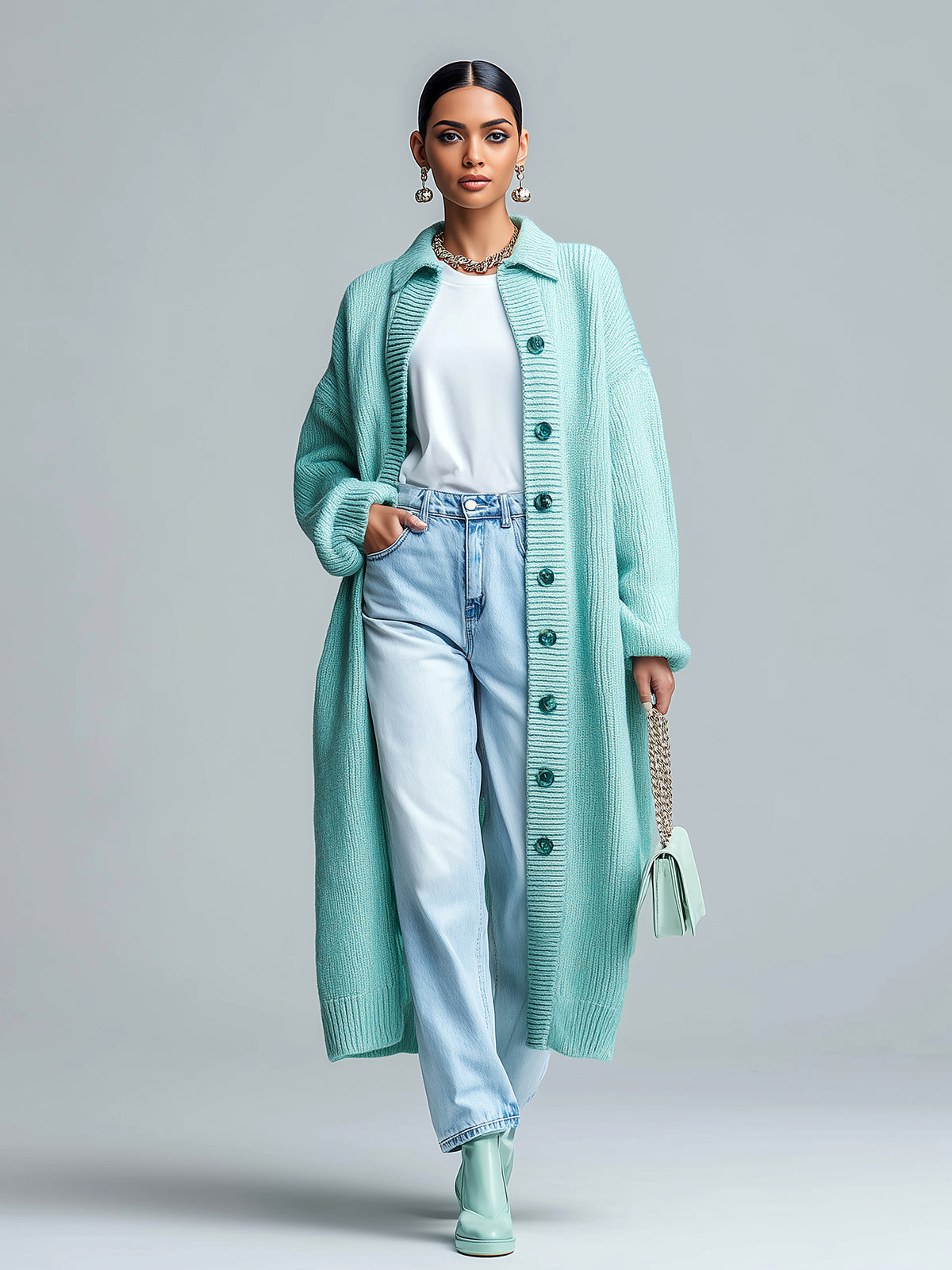 Taidalw Chic Casual Mint Green Lapel Single-Breasted Maxi-Length Slouchy Knit Cardigan