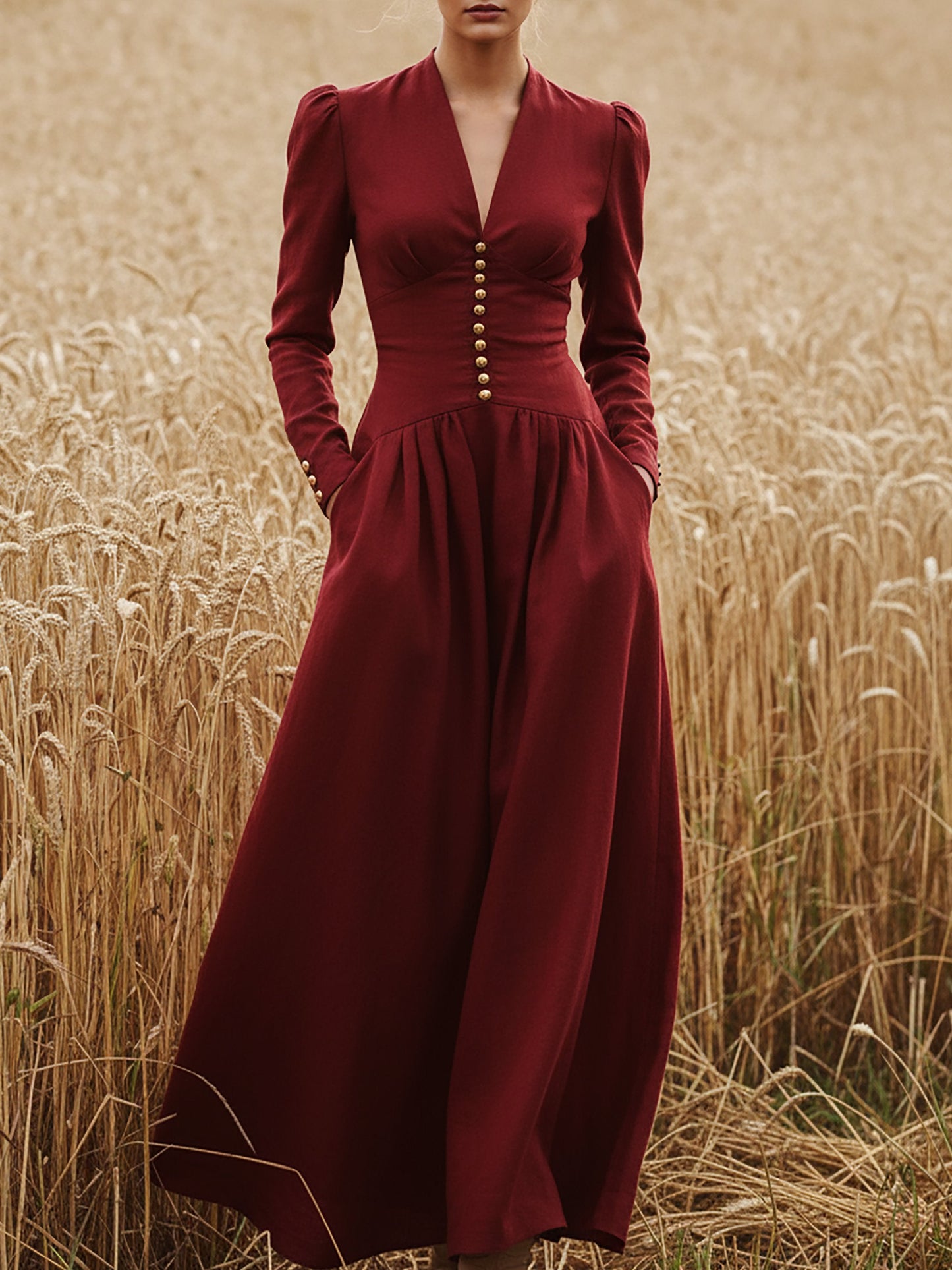 Maxi Linen Dress, Long Sleeves, V Neck, Plain, Button Design, Vintage, Deep Red