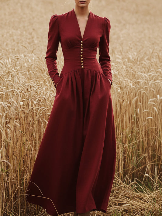 Maxi Linen Dress, Long Sleeves, V Neck, Plain, Button Design, Vintage, Deep Red