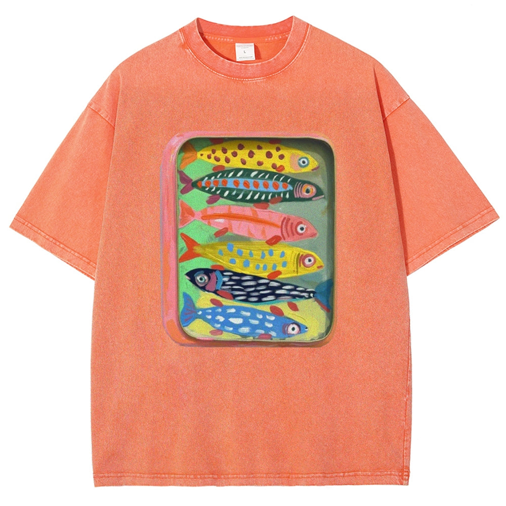 Unisex Canned Sardines Printed Casual Washed T-shirt
