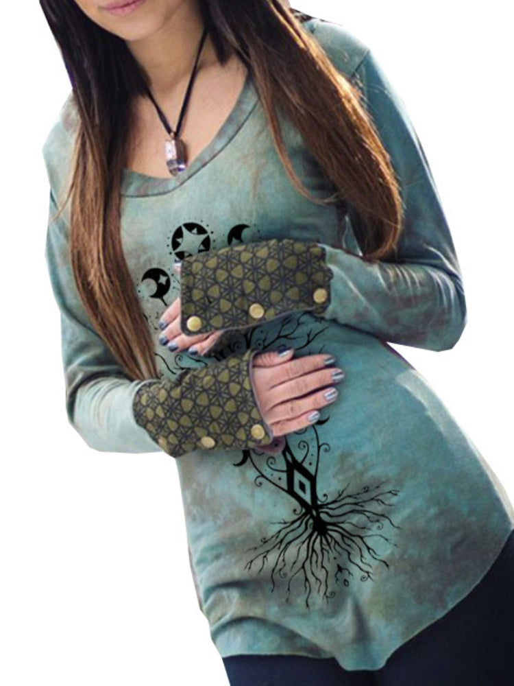 Vintage Tree Of Life Print Long Sleeve Slim Fit Hoodie T-Shirt