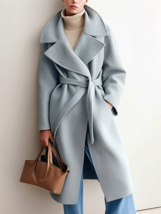 Taidalw Chic Vintage Light Blue Wool Blend Shawl Lapel Belted Warm Long Coat