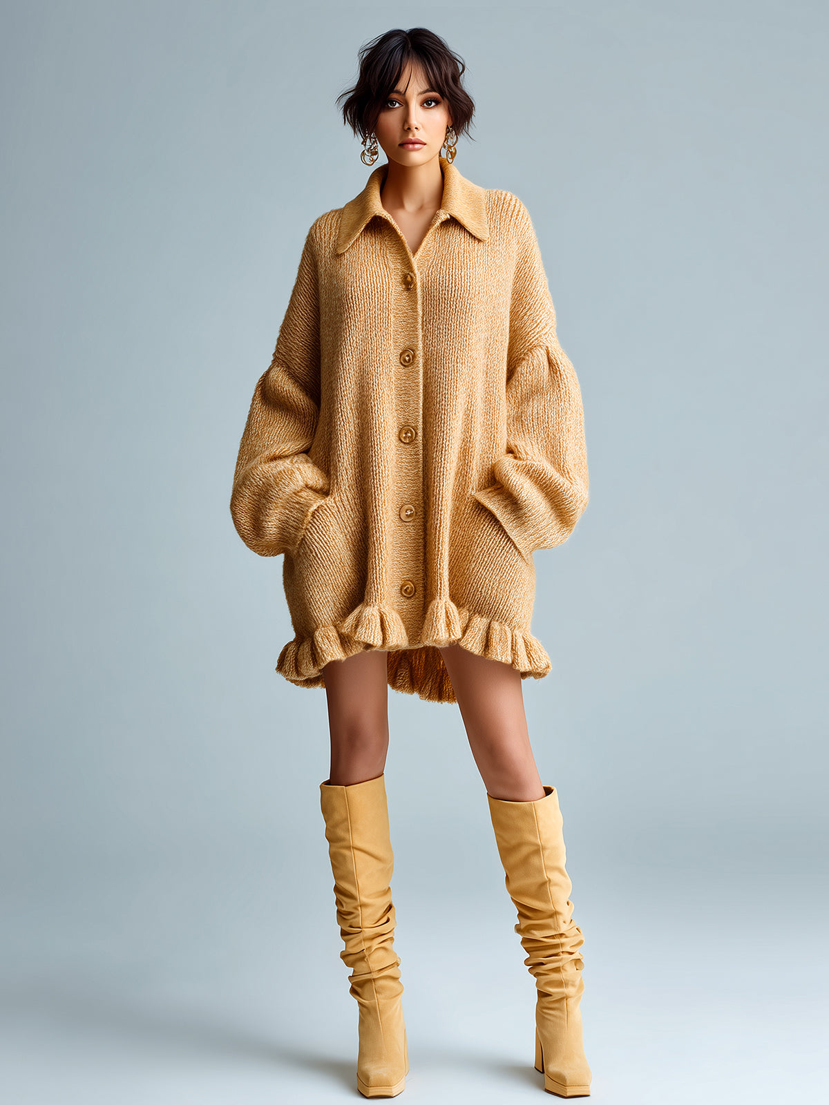 Taidalw Chic Casual Camel Lapel Single-Breasted Lantern Sleeve Ruffled Hem Slouchy Knit Cardigan