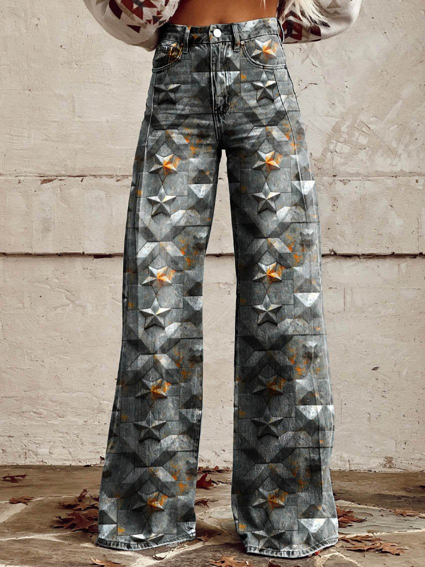 Women's Plain Colour Star Geometry Print Casual Wide Leg Pants