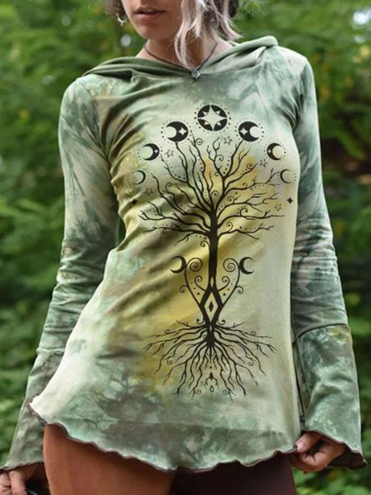 Retro Moon Sun Tree Print Tie Dye Hoodie