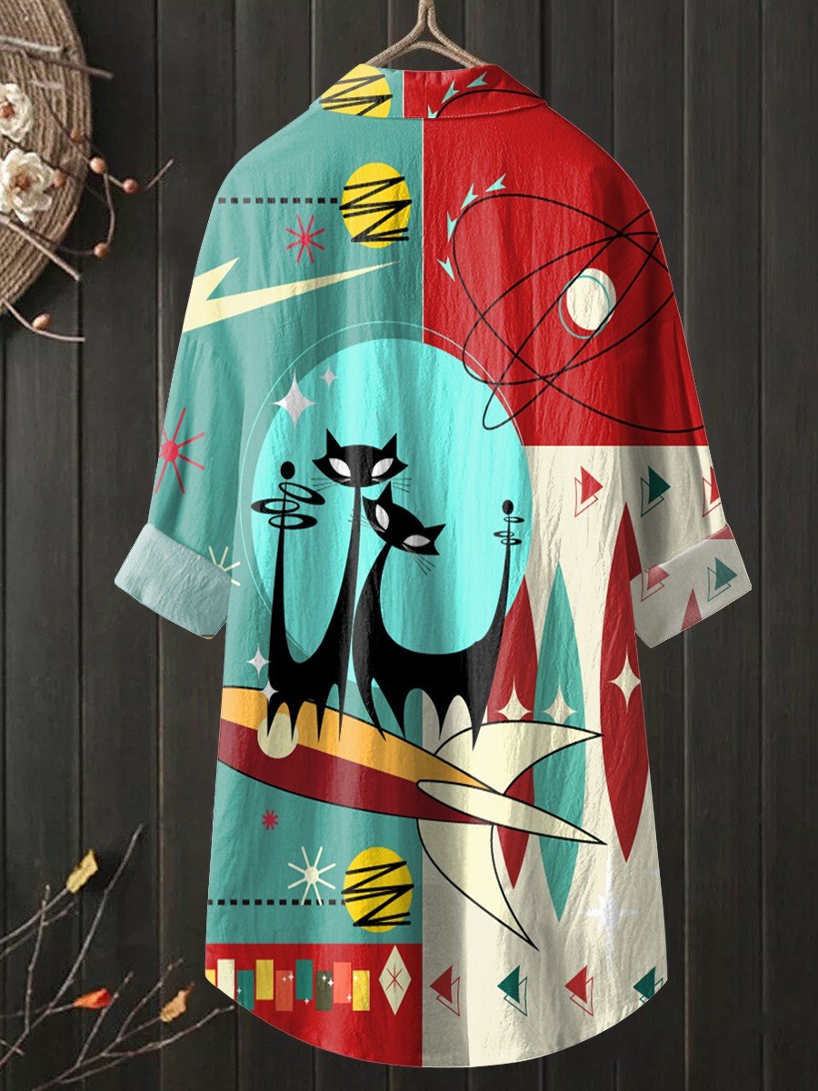 Women's Cat Art Long Shirt Dress