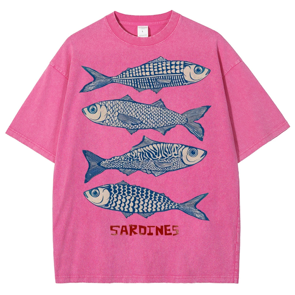 Unisex Sardines Printed Washed Tee