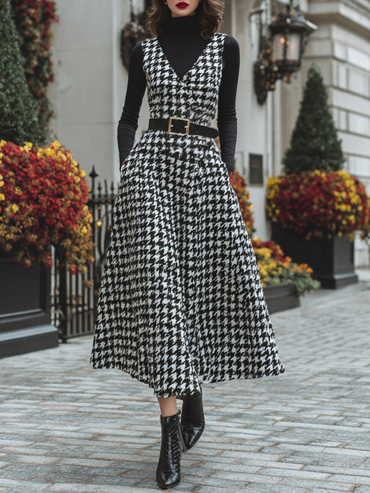 Taidalw Elegant Vintage Houndstooth Wool Blend Deep V-Neck Belted Pinafore Maxi Dress