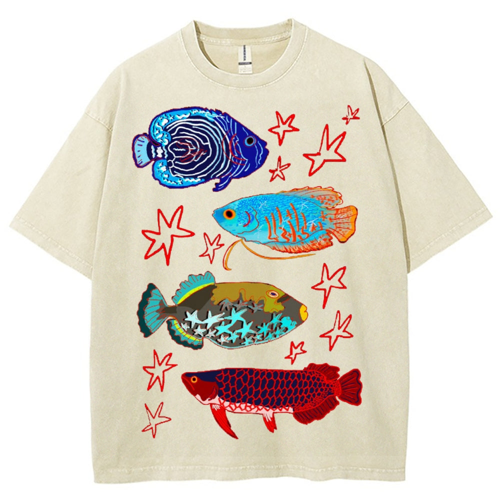 Unisex Colorful Cartoon Fish Washed Tee