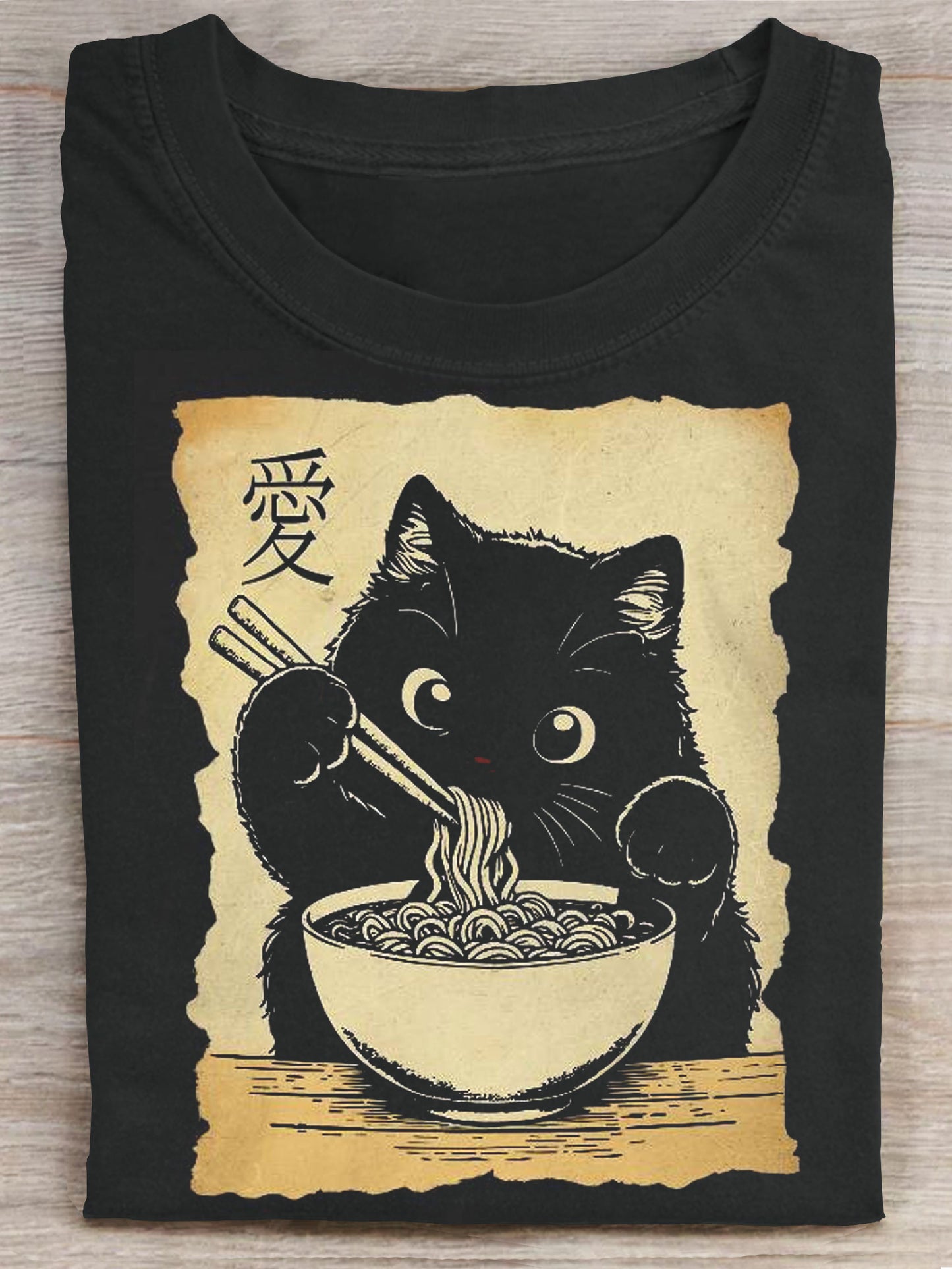 Cat Eating Ramen Noodle Japanese Art Print Casaul Short Sleeve T-shirt