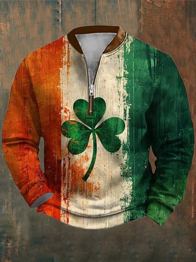 Men's St. Patrick's Day Shamrock Print Casual Zipper Pullover