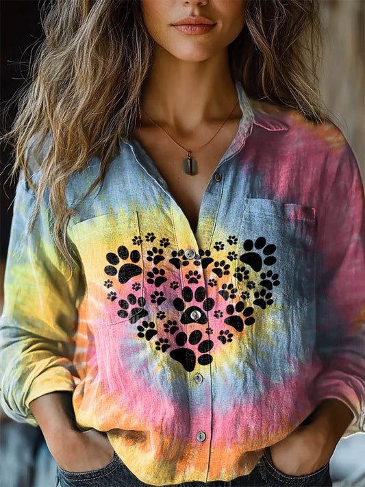 Women's Colorful Tie Dye & Puppy Paws Heart Print Casual Long Sleeve Comfortable Cotton Shirt