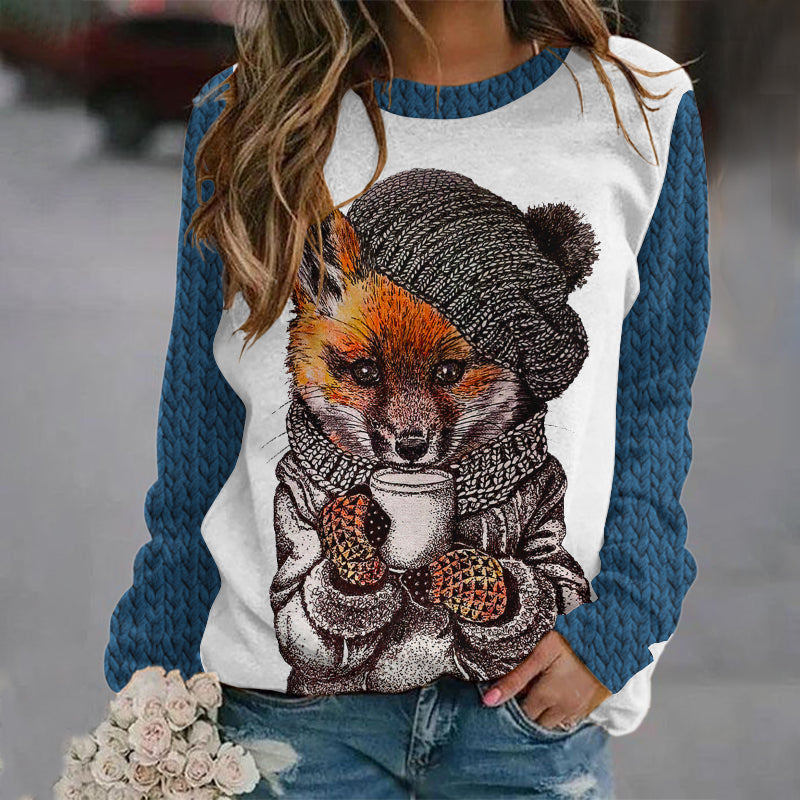 Women's Fox Coffee Print Round Neck Cozy Knit Sweater