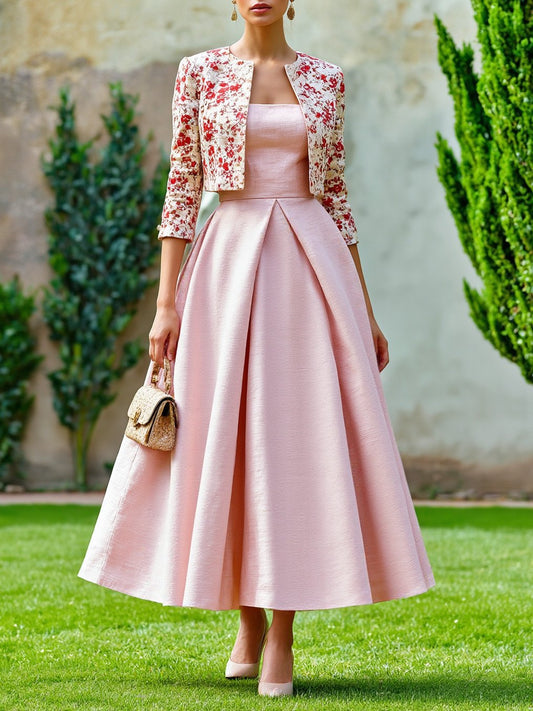 Maxi Cotton Dress Set, Half Sleeve, Round Neck, Floral, Pocket Design, French Vintage, Light Pink