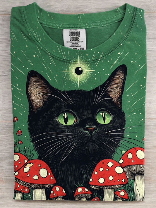 Fancy Mushroom Black Cat Art Print Casaul Short Sleeve T-shirt