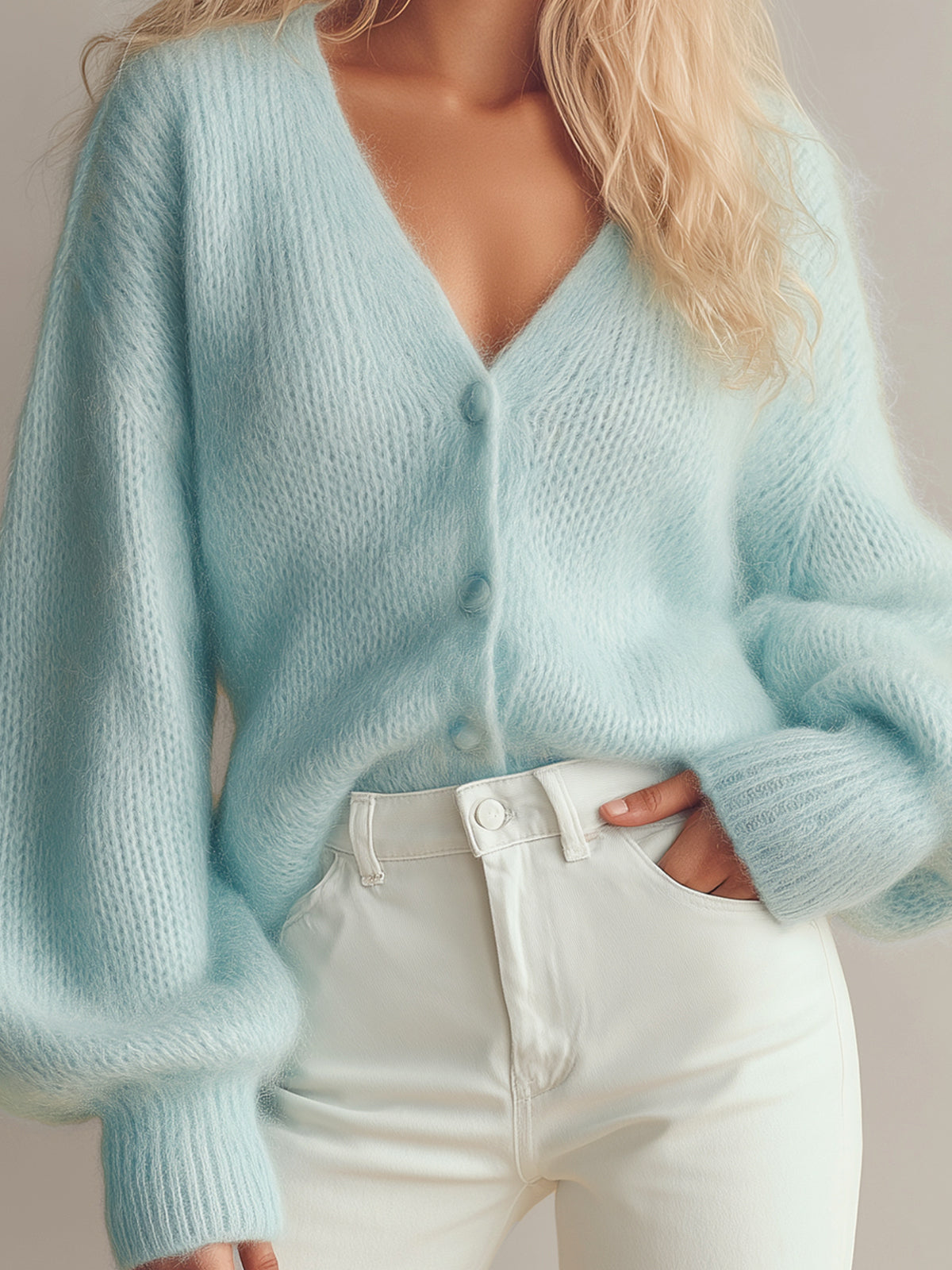 Taidalw Chic Vintage Light Blue V-Neck Single-Breasted Long Lantern Sleeve Loose-Fit Knit Cardigan