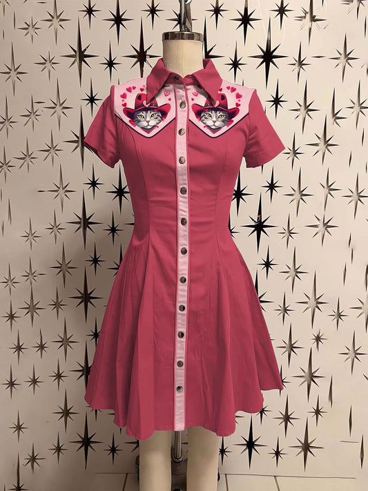 Valentine's Day Love Western Cowboy Cat Printed Shirt Dress