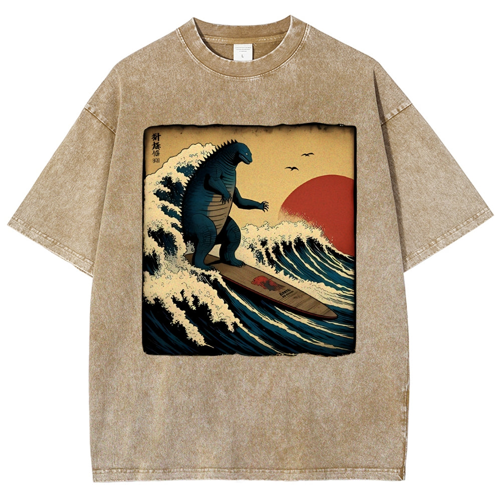 Unisex Vintage Japanese illustration Printed Washed Tee
