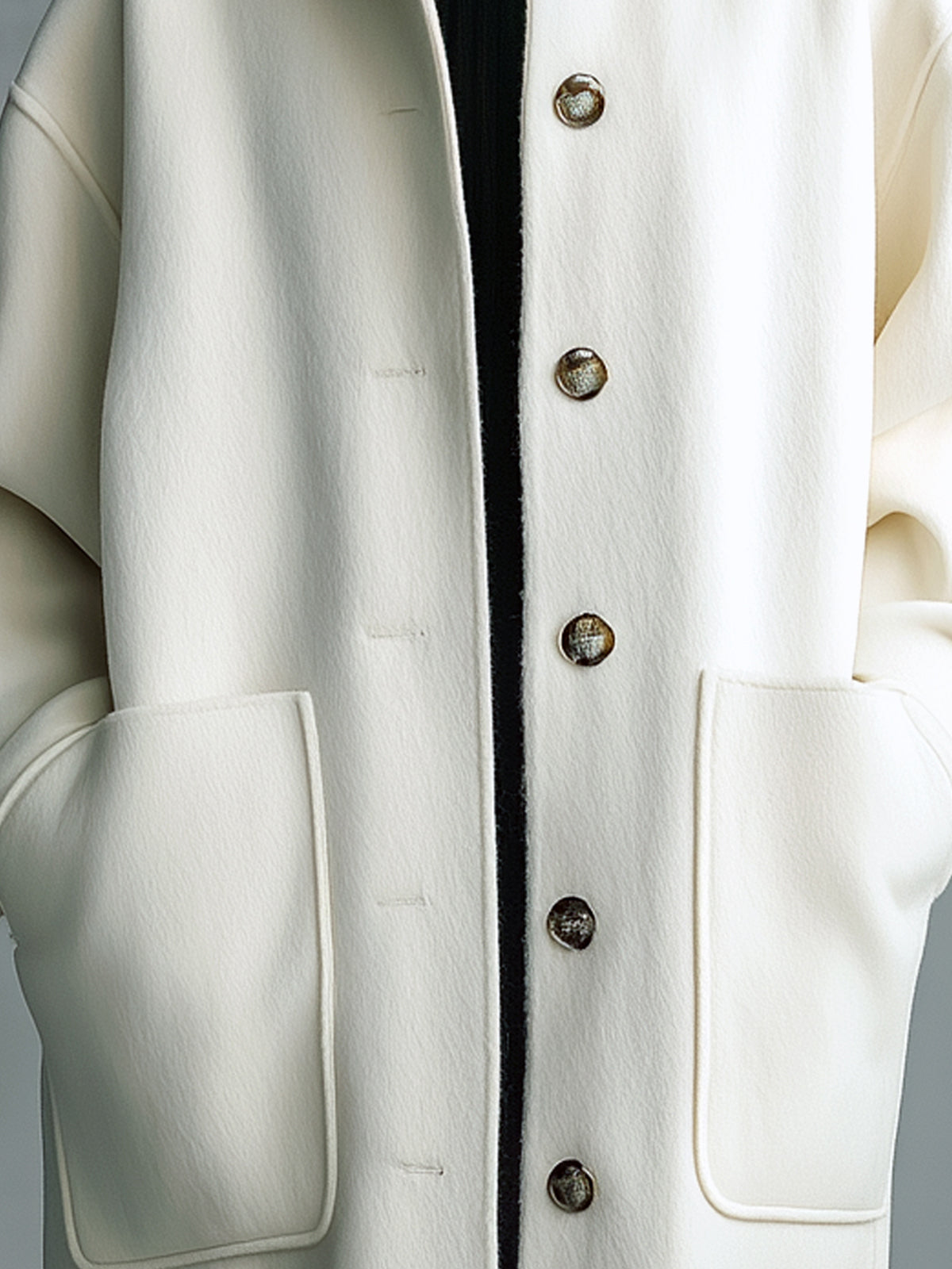 Taidalw Chic Vintage Cream White Wool Blend Lapel Single-Breasted Large Pocket Slouchy Mid-Length Coat