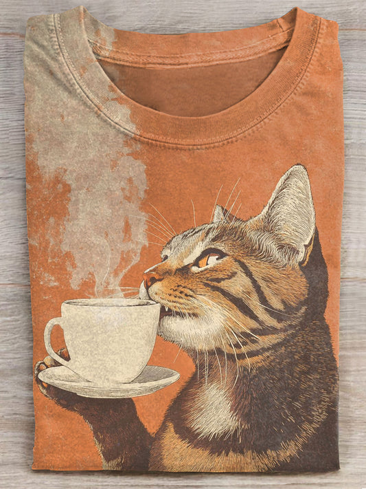 Vintage Cat With Coffee Art Print Casaul Short Sleeve T-shirt