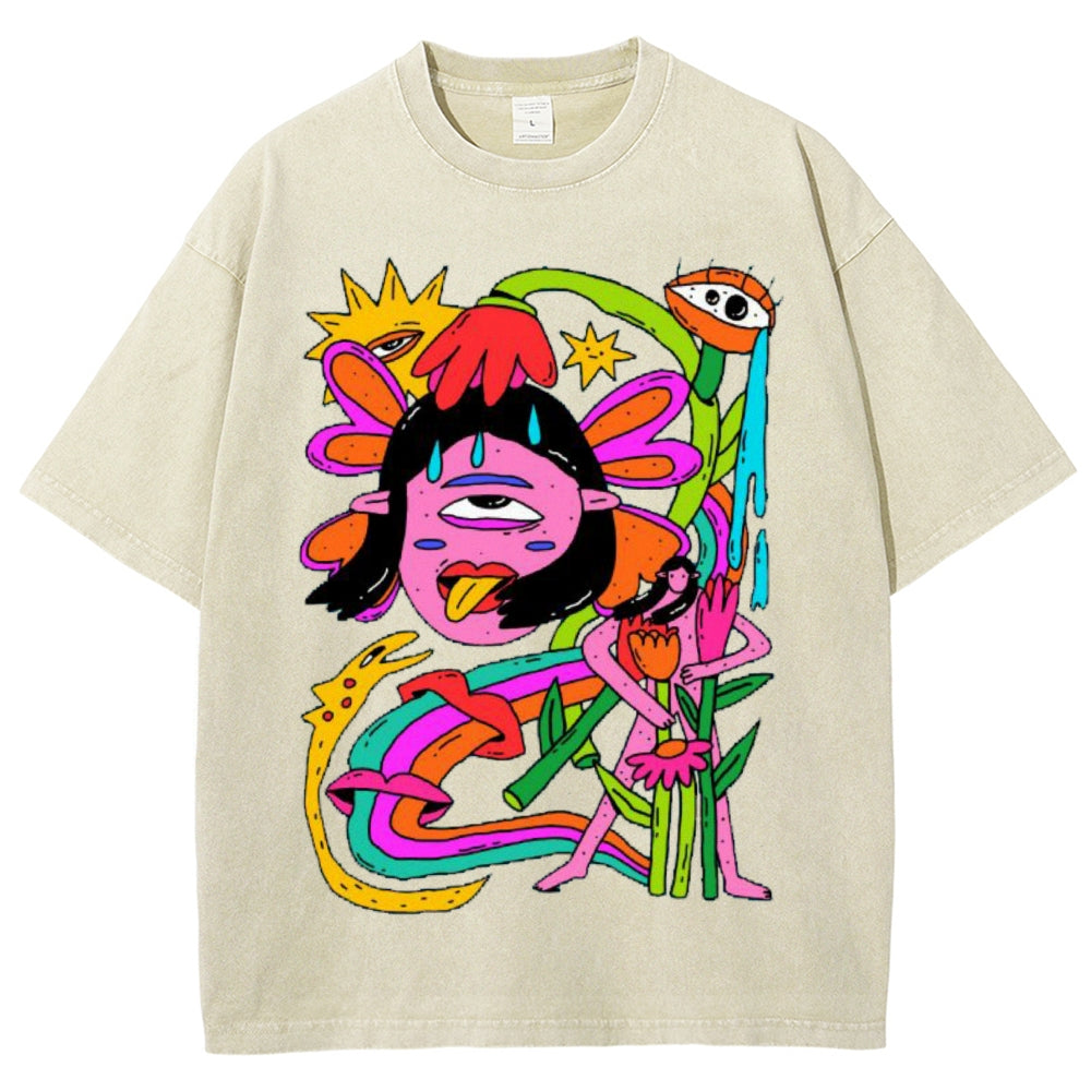 Unisex Abstract Art Human Face Eyes Printed Washed Tee
