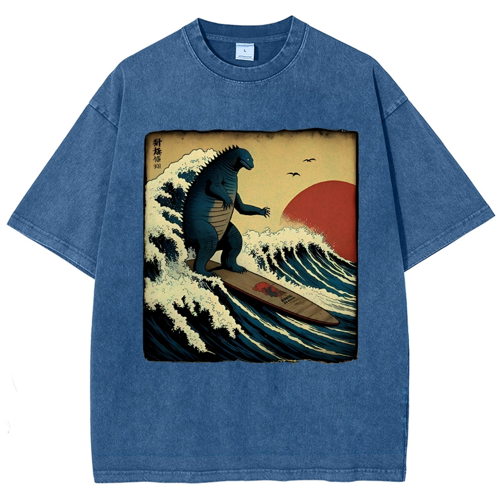 Unisex Vintage Japanese illustration Printed Washed Tee