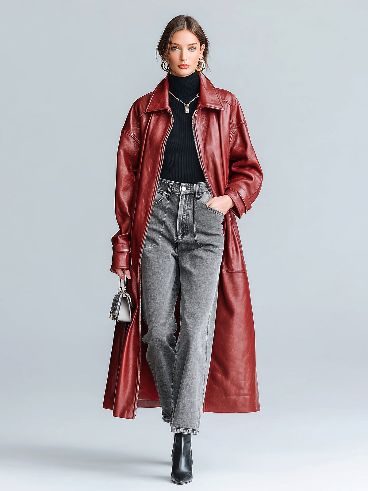 Taidalw Chic Vintage Burgundy Faux Leather Lapel Zipper-Front Long Sleeve Oversized Maxi Trench Coat