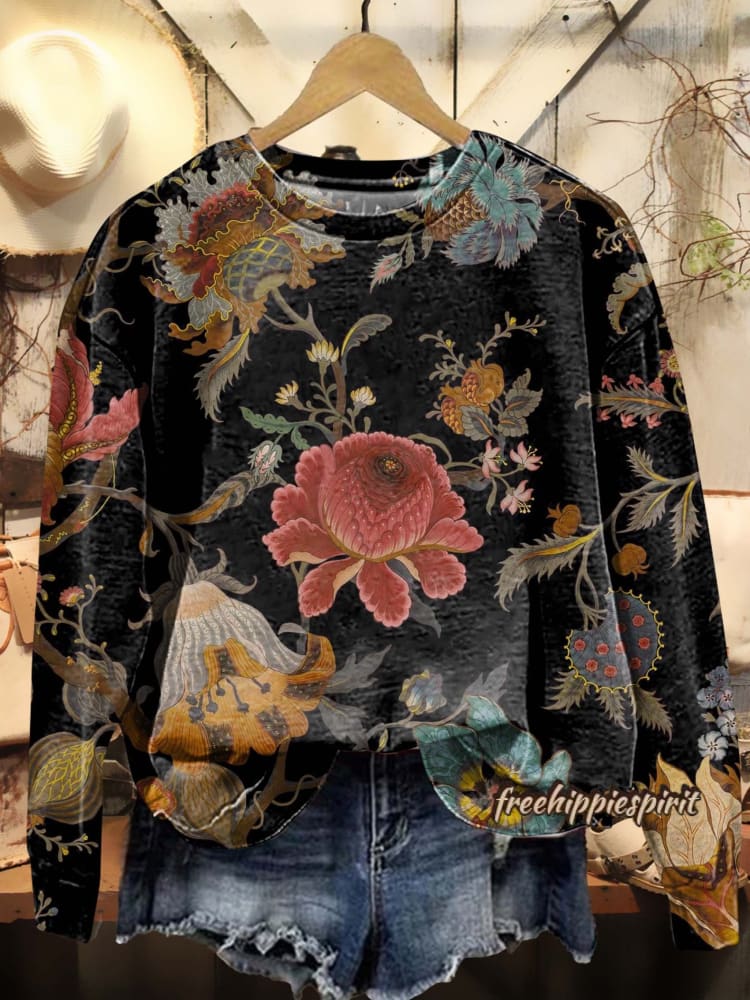 Women's Vintage Gorgeous Floral Print Casual Crew Neck Sweatshirt