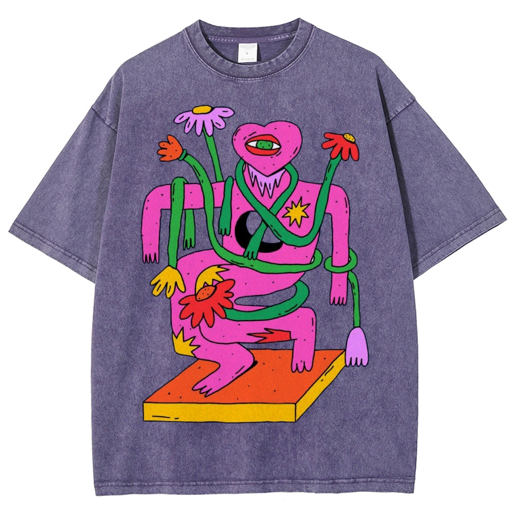 Unisex Abstract Art Flower Portrait Printed Washed Tee