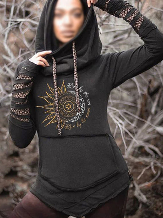 Retro Live By The Sun Love By The Moon Print Long Sleeved Hoodie