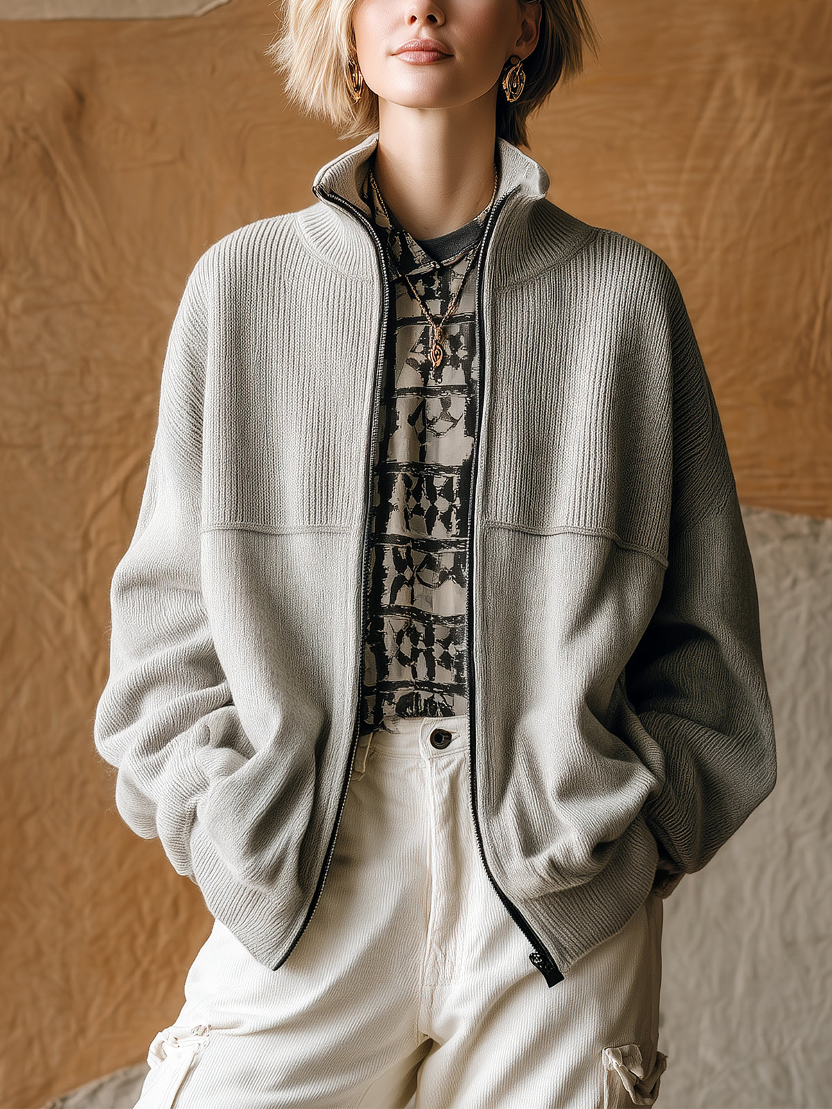 Taidalw Chic Vintage Light Gray Stand Collar Zipper-Front Long Sleeve Oversized Knit Cardigan