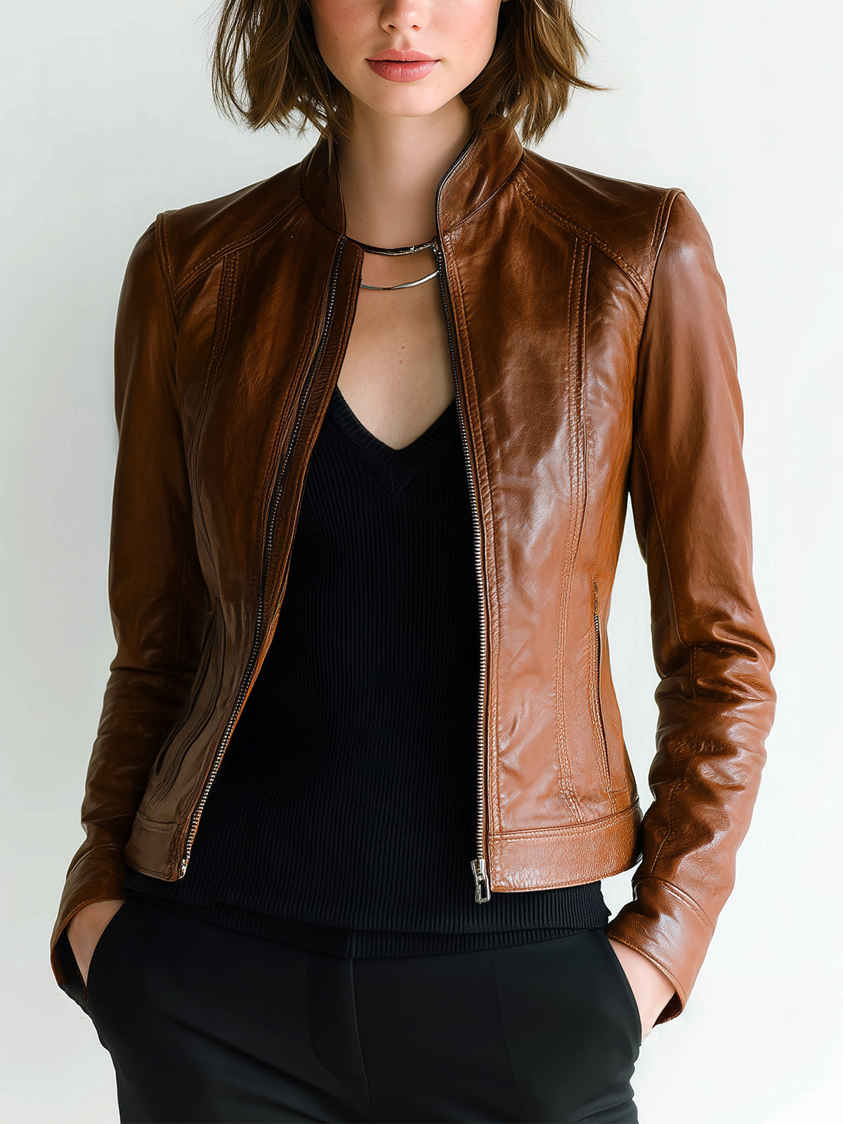 Taidalw Chic Vintage Caramel Brown Faux Leather Stand-Collar Zipper Slim-Fit Cropped Biker Jacket