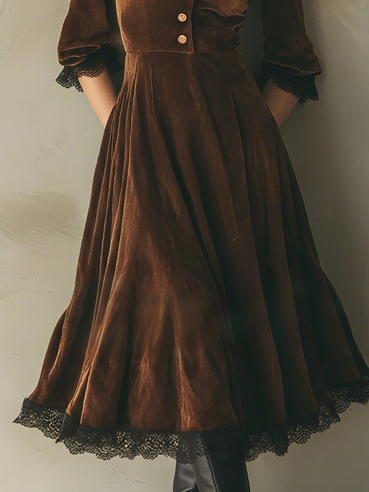 Midi Cotton Dress, Half Sleeve, Lapel Collar, Plain, Lace, Vintage, Coffee