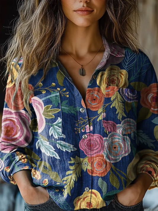 Women's Floral Art Print Casual Long Sleeve Comfortable Cotton Shirt