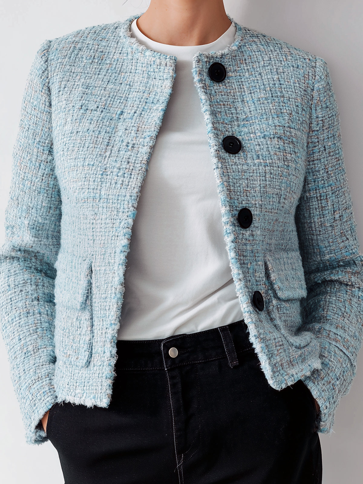 Taidalw Chic Vintage Blue Tweed Round Neck Single-Breasted Flap Pocket Fitted Short Jacket
