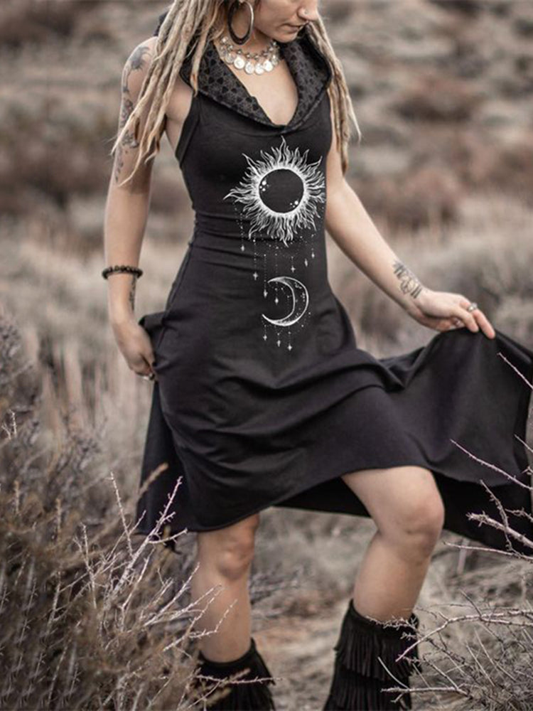 Tribal Sun Moon Totem Retro Sleeveless Hooded Midi Dress