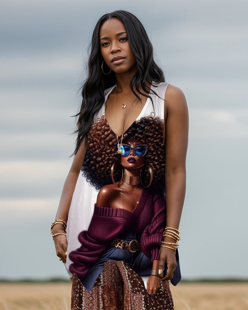 Black Girl Magic V-neck Irregular Long Vest