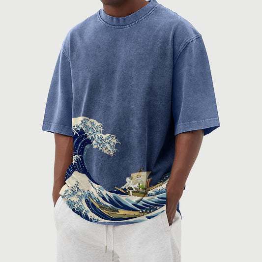 Straw Hat Pirate Ship Washed Vintage Short Sleeves T-Shirt