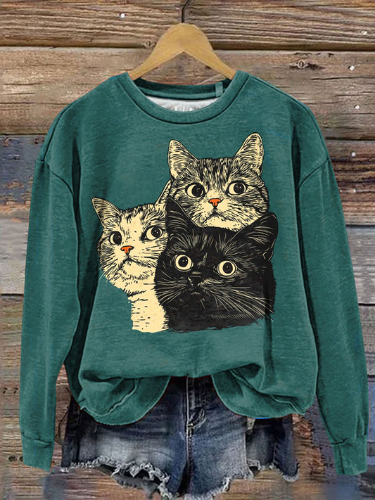 Vintage Cat Watching U Funny Art Print Casual  Sweatshirt