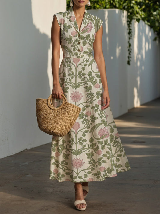 (SIZE:XS-XXL) Midi Linen Dress , Cap Sleeves, Shawl Collar, Floral, Button Design, Vintage, Green