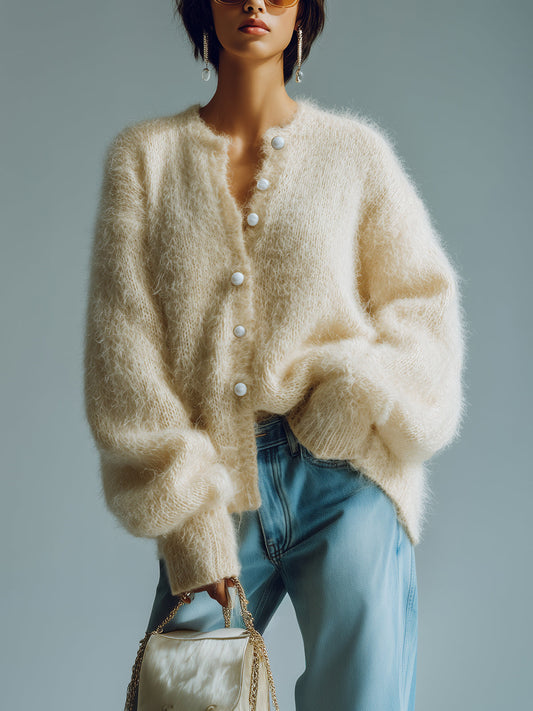 Taidalw Chic Vintage Apricot Round Neck Single-Breasted Long-Sleeve Pearl Button Details Oversize Fuzzy Knit Cardigan