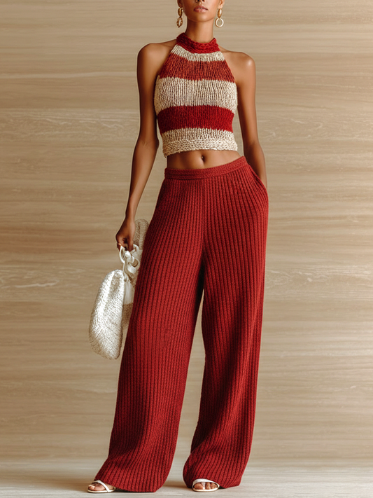 Taidalw Stylish Elegant Red- Beige Striped Mock Neck Sleeveless Slim-Fit Tank Top Wide-Leg Pants Knit Two-Piece Set
