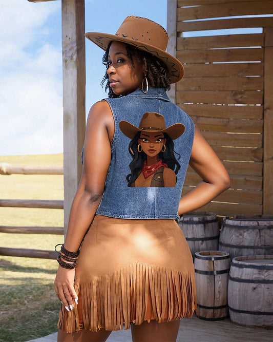 Black Cowgirl Single-Breasted Casual Denim Waistcoat